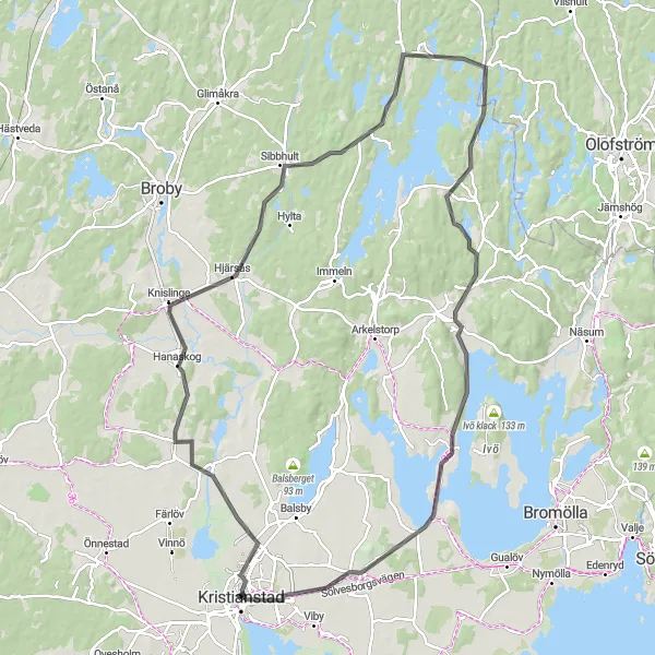 Map miniature of "Kristianstad to Torsebro Loop" cycling inspiration in Sydsverige, Sweden. Generated by Tarmacs.app cycling route planner