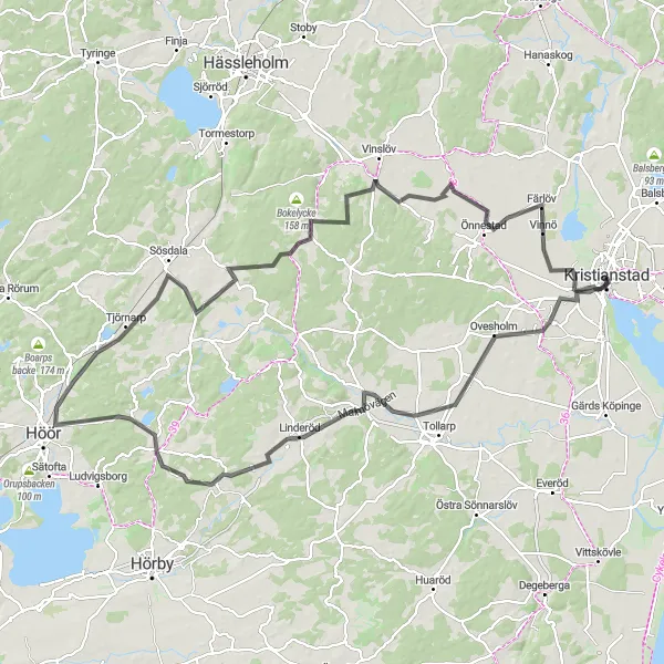 Map miniature of "Kristianstad to Linderöd Loop" cycling inspiration in Sydsverige, Sweden. Generated by Tarmacs.app cycling route planner