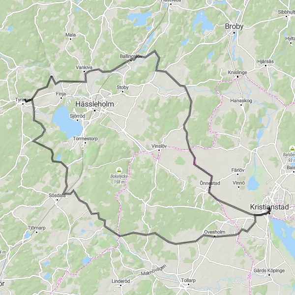 Map miniature of "Kristianstad to Önnestad Loop" cycling inspiration in Sydsverige, Sweden. Generated by Tarmacs.app cycling route planner