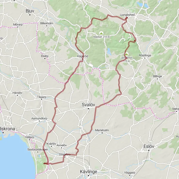 Map miniature of "Hills and Valleys of Southern Sweden" cycling inspiration in Sydsverige, Sweden. Generated by Tarmacs.app cycling route planner