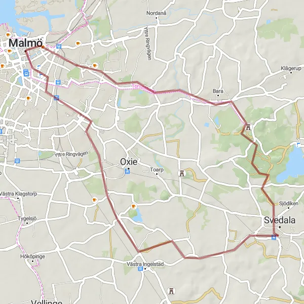 Map miniature of "Malmö - Husie - Svedala - Västra Ingelstad - Malmo Gravel Loop" cycling inspiration in Sydsverige, Sweden. Generated by Tarmacs.app cycling route planner