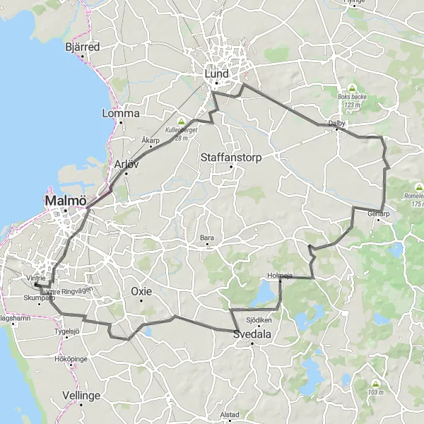 Map miniature of "Malmö - Arlöv - Dalby - Toppeladugårds Slott - Hyltarp - Vintrie Loop" cycling inspiration in Sydsverige, Sweden. Generated by Tarmacs.app cycling route planner