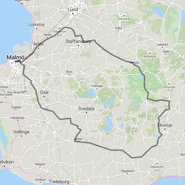 Map miniature of "Countryside Escapade: Malmö to Svaneholms slott" cycling inspiration in Sydsverige, Sweden. Generated by Tarmacs.app cycling route planner