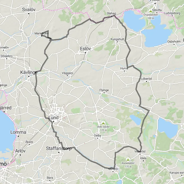 Map miniature of "Escapade to Lund" cycling inspiration in Sydsverige, Sweden. Generated by Tarmacs.app cycling route planner