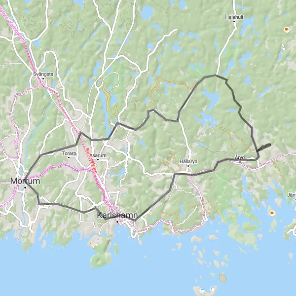 Kartminiatyr av "Mörrum - Persgärde - Hällaryd - Karlshamn" cykelinspiration i Sydsverige, Sweden. Genererad av Tarmacs.app cykelruttplanerare