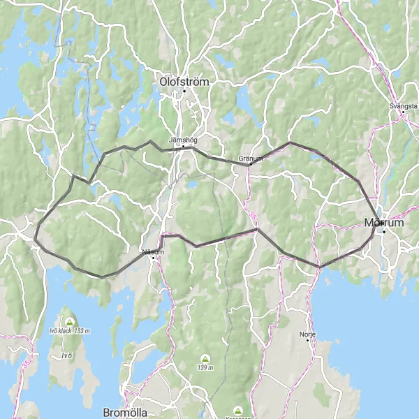 Map miniature of "Scenic Mörrum to Pukavik" cycling inspiration in Sydsverige, Sweden. Generated by Tarmacs.app cycling route planner