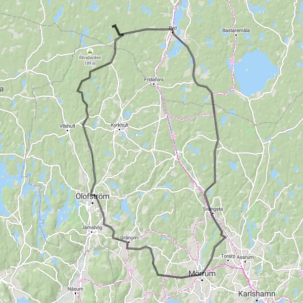 Map miniature of "Scenic Outing: Mörrum to Svängsta" cycling inspiration in Sydsverige, Sweden. Generated by Tarmacs.app cycling route planner