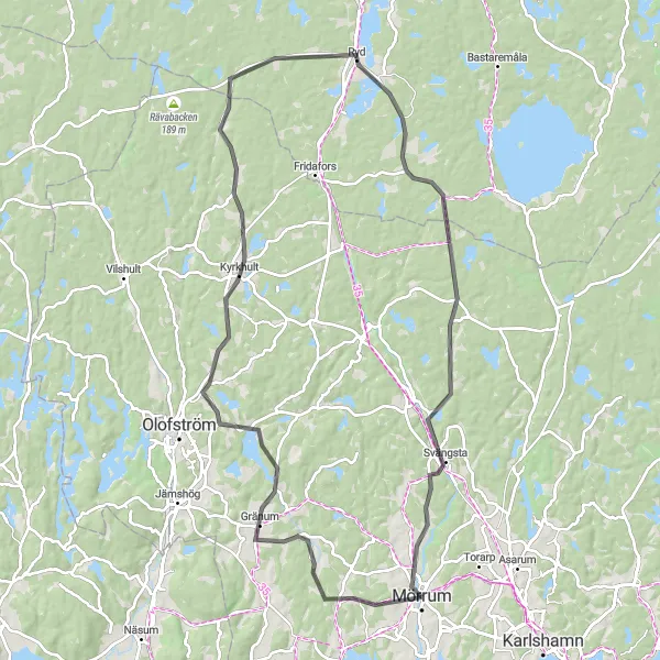 Kartminiatyr av "Mörrum till Svängsta Cykeltur" cykelinspiration i Sydsverige, Sweden. Genererad av Tarmacs.app cykelruttplanerare