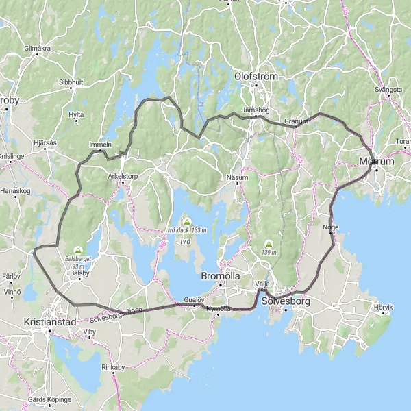 Kartminiatyr av "Mörrum - Pukavik - Sölvesborg - Nymölla - Fjälkinge - Torsebro - Gränum" cykelinspiration i Sydsverige, Sweden. Genererad av Tarmacs.app cykelruttplanerare