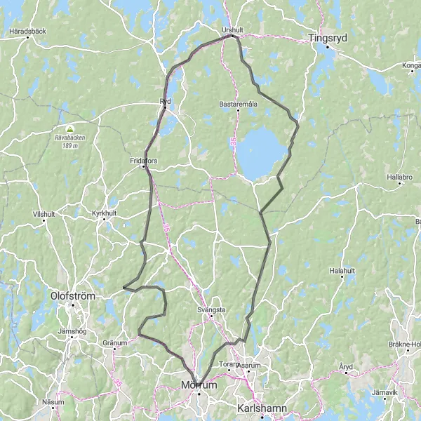 Kartminiatyr av "Landsbygdens hjärta via Igre" cykelinspiration i Sydsverige, Sweden. Genererad av Tarmacs.app cykelruttplanerare