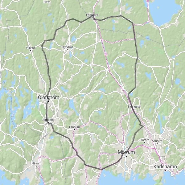 Kartminiatyr av "Terrängturer via Olofström" cykelinspiration i Sydsverige, Sweden. Genererad av Tarmacs.app cykelruttplanerare
