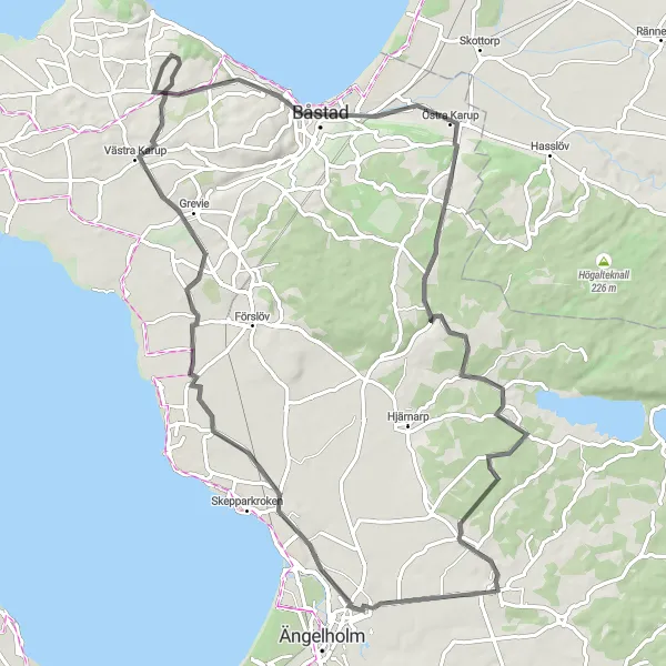 Map miniature of "Munka-Ljungby Vejby Båstad Loop" cycling inspiration in Sydsverige, Sweden. Generated by Tarmacs.app cycling route planner