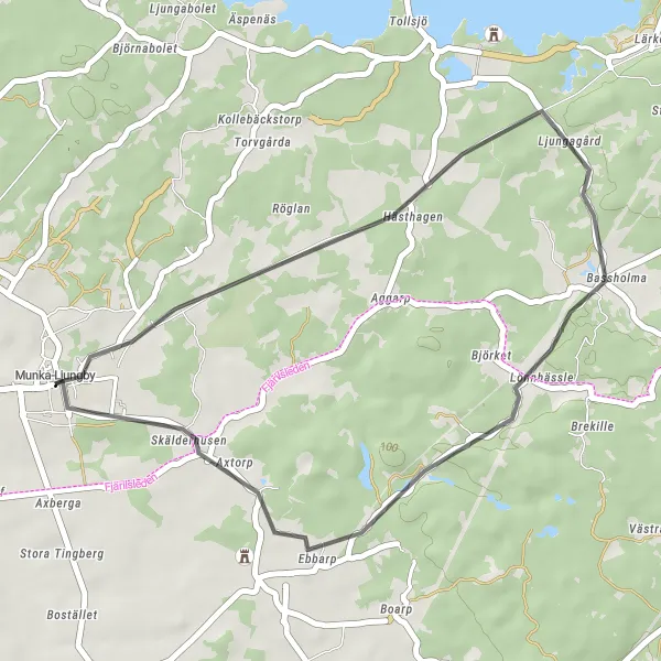 Map miniature of "Short Escape to Össjö" cycling inspiration in Sydsverige, Sweden. Generated by Tarmacs.app cycling route planner