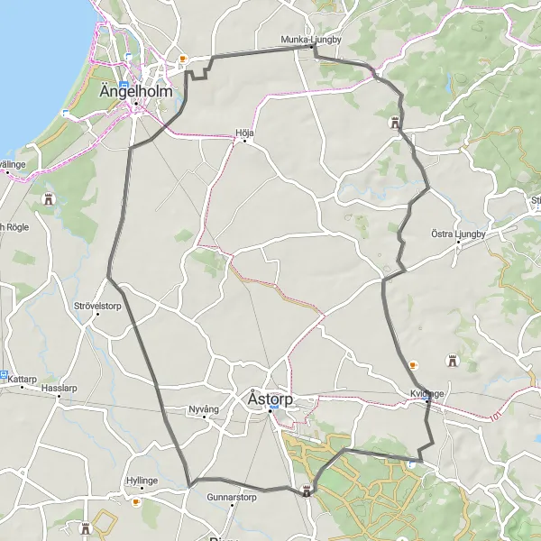 Map miniature of "Munka-Ljungby Össjö Kvidinge Loop" cycling inspiration in Sydsverige, Sweden. Generated by Tarmacs.app cycling route planner