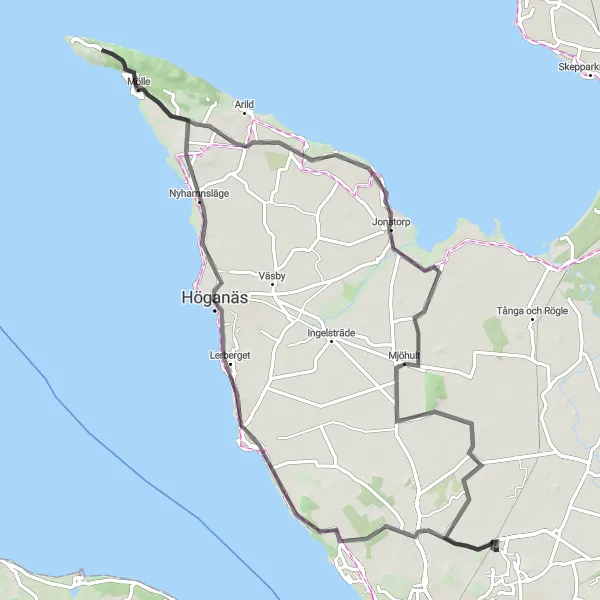 Map miniature of "Ödåkra to Mölle Loop" cycling inspiration in Sydsverige, Sweden. Generated by Tarmacs.app cycling route planner