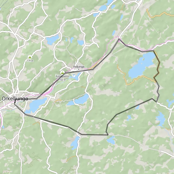 Map miniature of "Åsljungaklint to Hjälmsjö Loop" cycling inspiration in Sydsverige, Sweden. Generated by Tarmacs.app cycling route planner