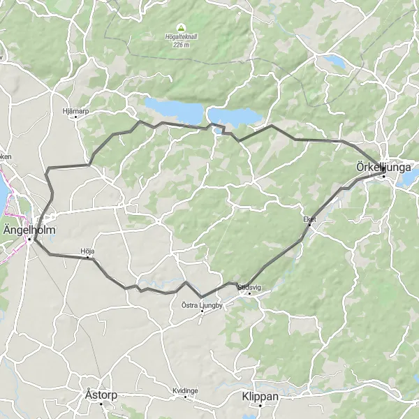 Map miniature of "Örkelljunga to Rössjön Loop" cycling inspiration in Sydsverige, Sweden. Generated by Tarmacs.app cycling route planner