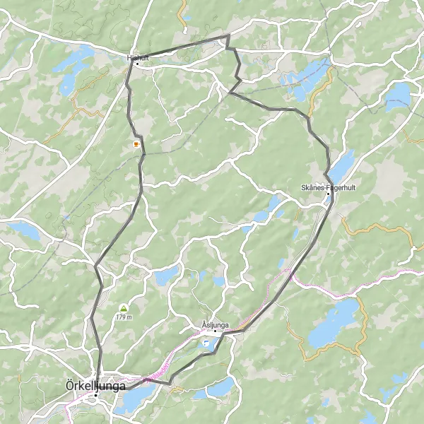 Kartminiatyr av "Genom Hishult och Åsljunga" cykelinspiration i Sydsverige, Sweden. Genererad av Tarmacs.app cykelruttplanerare