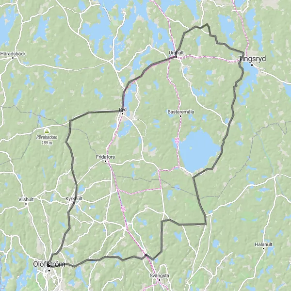 Kartminiatyr av "Väg till Valhalla via Urshult" cykelinspiration i Sydsverige, Sweden. Genererad av Tarmacs.app cykelruttplanerare