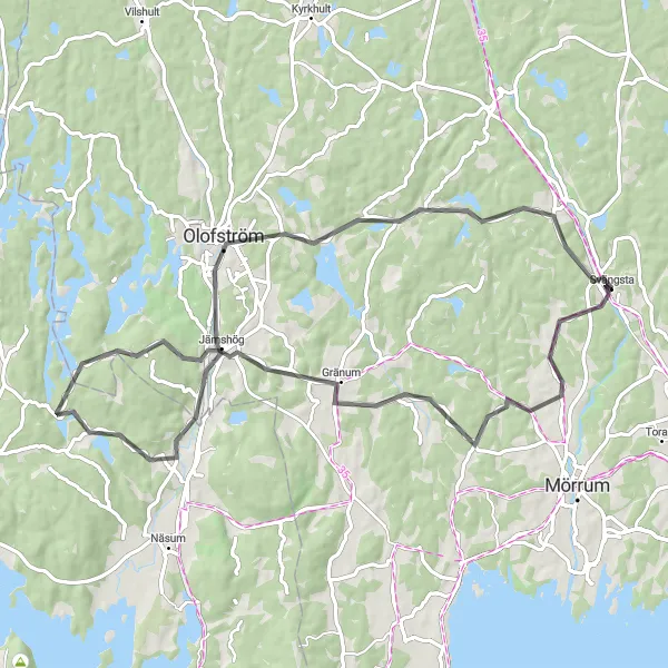 Map miniature of "The Olofström Circuit" cycling inspiration in Sydsverige, Sweden. Generated by Tarmacs.app cycling route planner