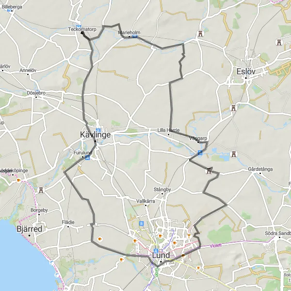 Map miniature of "Teckomatorp to Furulund Road Route" cycling inspiration in Sydsverige, Sweden. Generated by Tarmacs.app cycling route planner