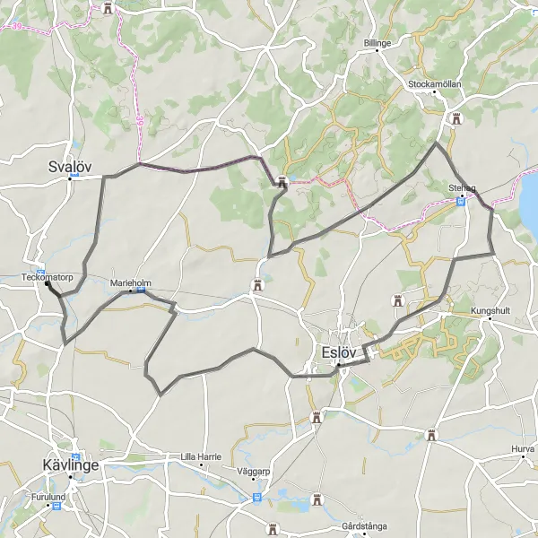 Map miniature of "Teckomatorp to Gissleberga Road Route" cycling inspiration in Sydsverige, Sweden. Generated by Tarmacs.app cycling route planner