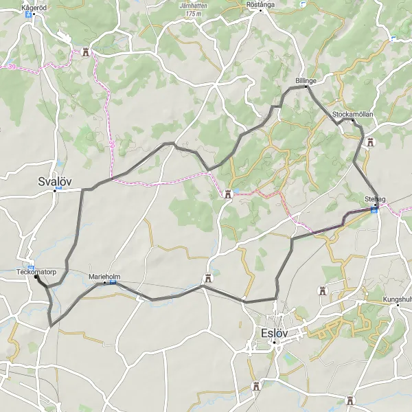 Map miniature of "The Castle Road Route" cycling inspiration in Sydsverige, Sweden. Generated by Tarmacs.app cycling route planner