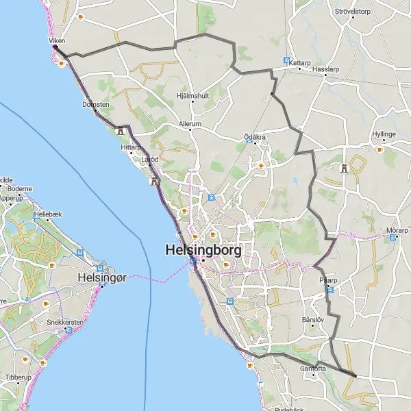 Map miniature of "Viken to Helsingborg" cycling inspiration in Sydsverige, Sweden. Generated by Tarmacs.app cycling route planner