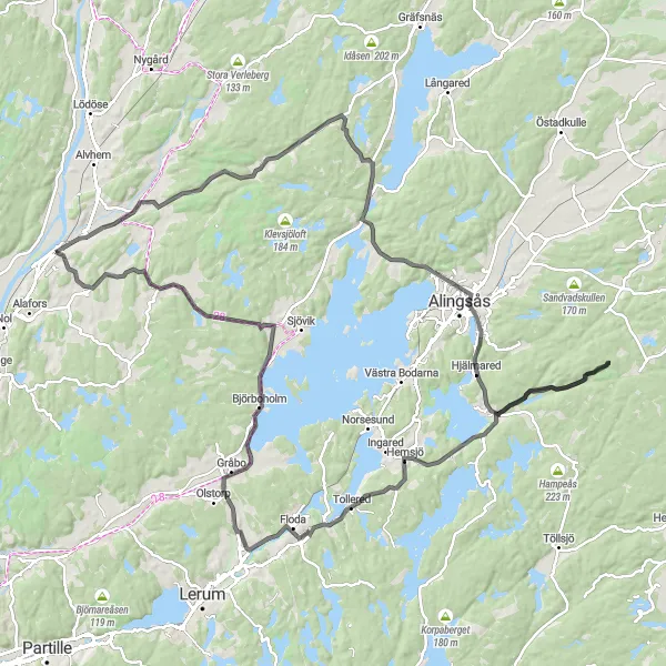 Map miniature of "Älvängen - Drängedalen - Anten-Gräfsnäs Preserved Railway - Hjälmared - Tollered - Björboholm" cycling inspiration in Västsverige, Sweden. Generated by Tarmacs.app cycling route planner