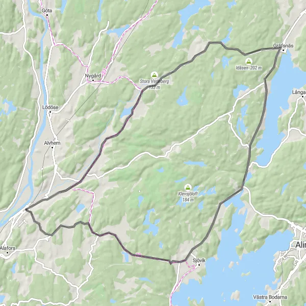 Map miniature of "The Älvängen Countryside Exploration" cycling inspiration in Västsverige, Sweden. Generated by Tarmacs.app cycling route planner