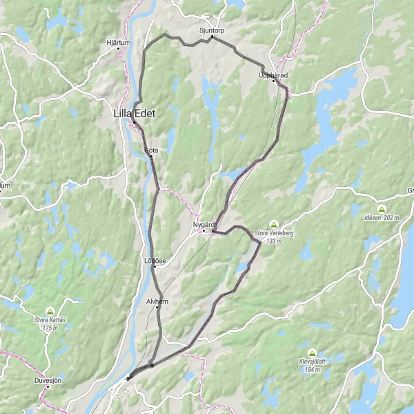 Map miniature of "Scenic Exploration along Älvängen Road" cycling inspiration in Västsverige, Sweden. Generated by Tarmacs.app cycling route planner