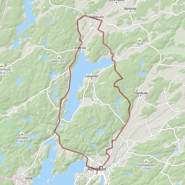 Map miniature of "Alingsås to Sollebrunn Gravel Route" cycling inspiration in Västsverige, Sweden. Generated by Tarmacs.app cycling route planner