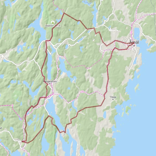 Map miniature of "Fengersfors Gravel Adventure" cycling inspiration in Västsverige, Sweden. Generated by Tarmacs.app cycling route planner