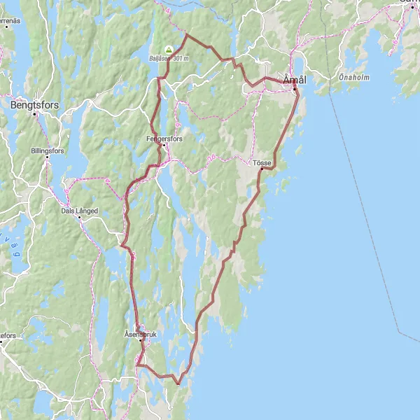Map miniature of "Tösse Håverud Gravel Adventure" cycling inspiration in Västsverige, Sweden. Generated by Tarmacs.app cycling route planner