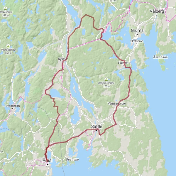 Map miniature of "Scenic Gravel Adventure" cycling inspiration in Västsverige, Sweden. Generated by Tarmacs.app cycling route planner