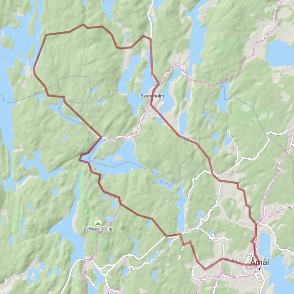 Map miniature of "Exploring the Gravel Wilderness" cycling inspiration in Västsverige, Sweden. Generated by Tarmacs.app cycling route planner