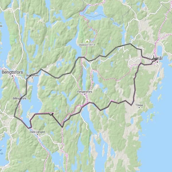 Kartminiatyr av "Åmål - Billingsfors Cykeltur" cykelinspiration i Västsverige, Sweden. Genererad av Tarmacs.app cykelruttplanerare