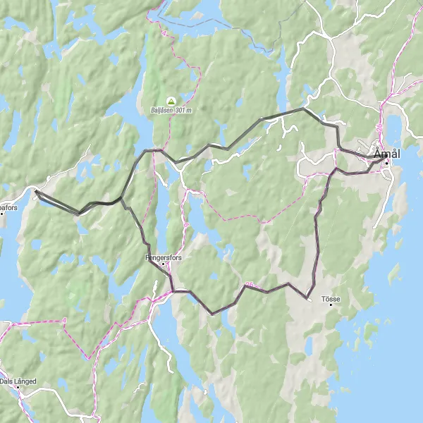 Kartminiatyr av "Fengersfors Loop" cykelinspiration i Västsverige, Sweden. Genererad av Tarmacs.app cykelruttplanerare