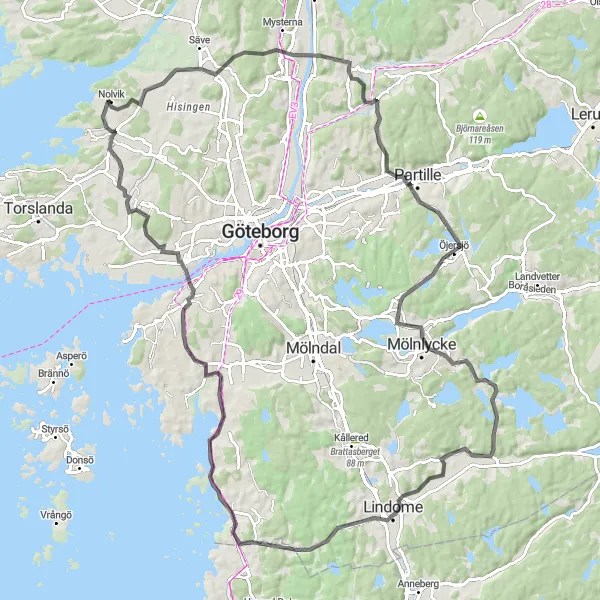 Kartminiatyr av "Utforska Västsverige på cykel" cykelinspiration i Västsverige, Sweden. Genererad av Tarmacs.app cykelruttplanerare