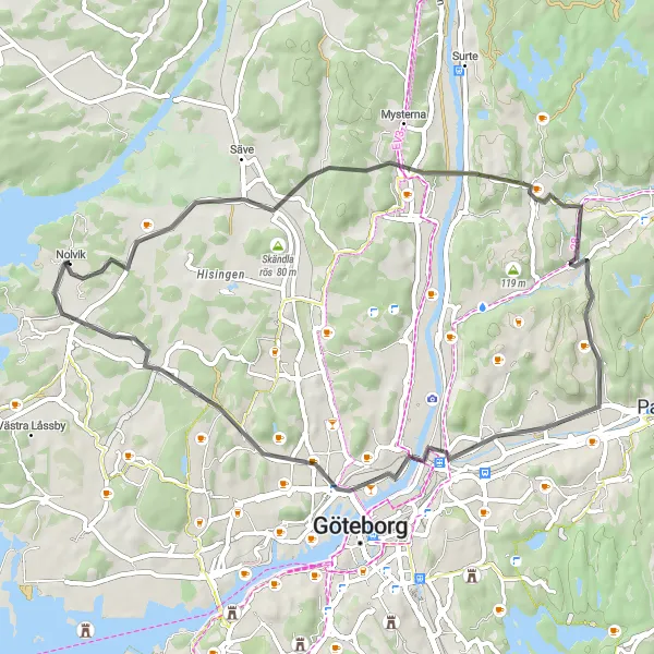 Map miniature of "Björlanda and Kviberg Loop" cycling inspiration in Västsverige, Sweden. Generated by Tarmacs.app cycling route planner