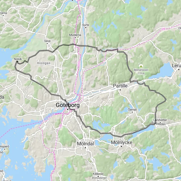 Kartminiatyr av "Äventyrlig cykeltur runt Björlanda" cykelinspiration i Västsverige, Sweden. Genererad av Tarmacs.app cykelruttplanerare