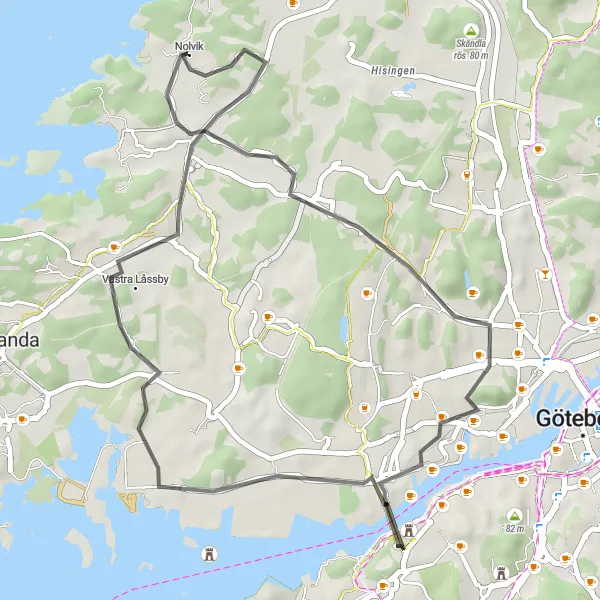 Map miniature of "Björlanda-Ramberget-Sannegården-Kvisljungeby Loop" cycling inspiration in Västsverige, Sweden. Generated by Tarmacs.app cycling route planner