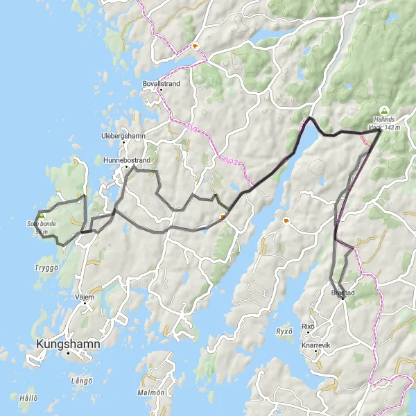 Kartminiatyr av "Spännande tur genom kustlandskapet" cykelinspiration i Västsverige, Sweden. Genererad av Tarmacs.app cykelruttplanerare