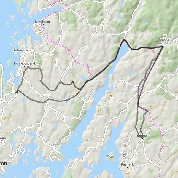 Kartminiatyr av "Runt Hunnebostrand" cykelinspiration i Västsverige, Sweden. Genererad av Tarmacs.app cykelruttplanerare