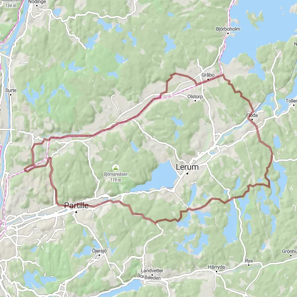 Kartminiatyr av "Graveläventyr i Gråbo och Eriksbo" cykelinspiration i Västsverige, Sweden. Genererad av Tarmacs.app cykelruttplanerare