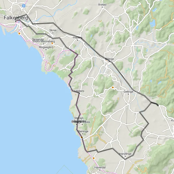 Map miniature of "The Coastal Castle Tour" cycling inspiration in Västsverige, Sweden. Generated by Tarmacs.app cycling route planner