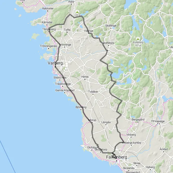 Map miniature of "Falkenberg-Morup-Varberg-Tångaberg-Valinge Route" cycling inspiration in Västsverige, Sweden. Generated by Tarmacs.app cycling route planner