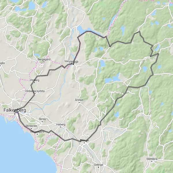 Map miniature of "Falkenberg-Vessigebro-Slöinge Route" cycling inspiration in Västsverige, Sweden. Generated by Tarmacs.app cycling route planner