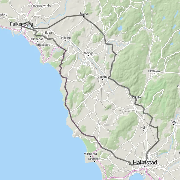 Map miniature of "Falkenberg-Asige-Kvibille-Halmstad-Haverdal-Klippekulle Route" cycling inspiration in Västsverige, Sweden. Generated by Tarmacs.app cycling route planner