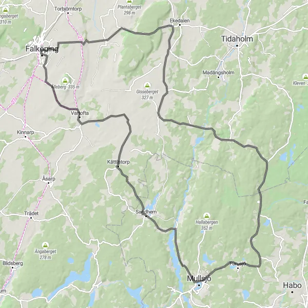 Map miniature of "Falköping to Åsle and Luttra Loop" cycling inspiration in Västsverige, Sweden. Generated by Tarmacs.app cycling route planner